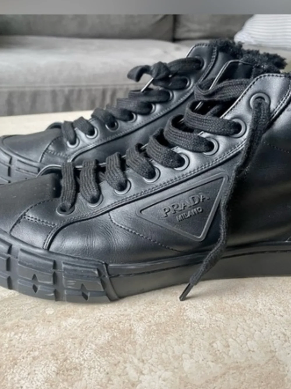 Prada Black Leather High-Top Sneakers with Rugged Sole - Picture 2 of 8